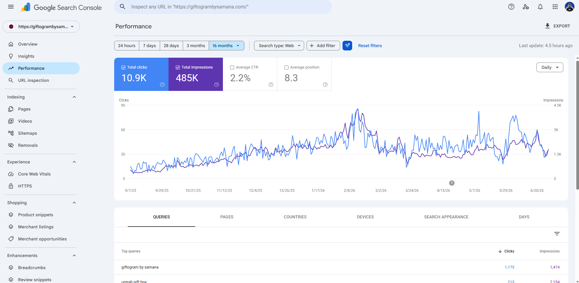 SEO performance results from Google Search Console